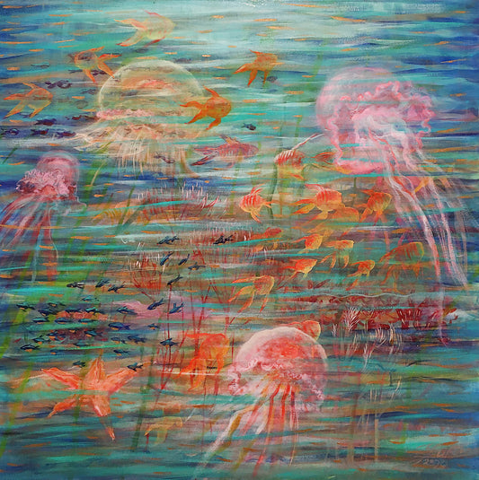Meeting In warm sea / 105x105cm / Acrylic on canvas