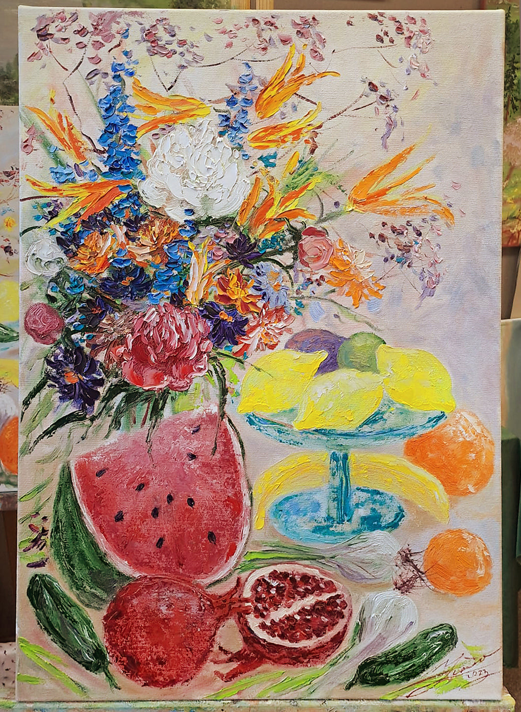 Still life with pomegranates, watermelon and flowers / 66x46cm / Oil, canvas