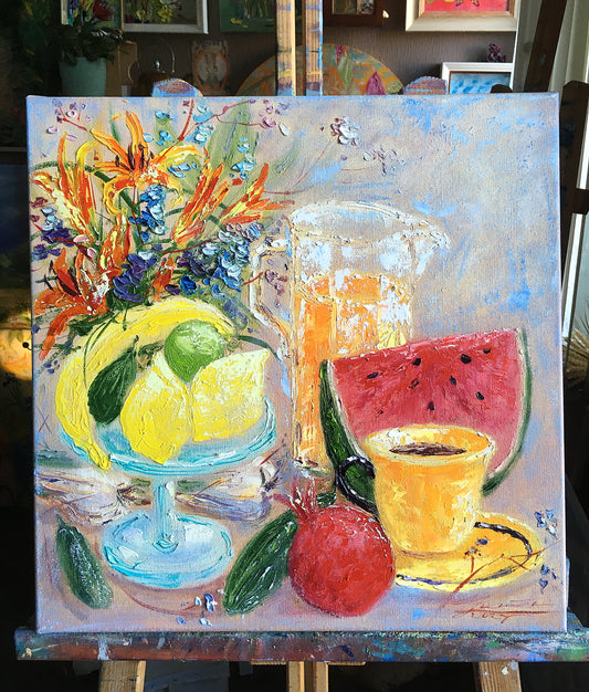 Still life with juice and yellow cup / 45.5x45.5cm / Oil, canvas