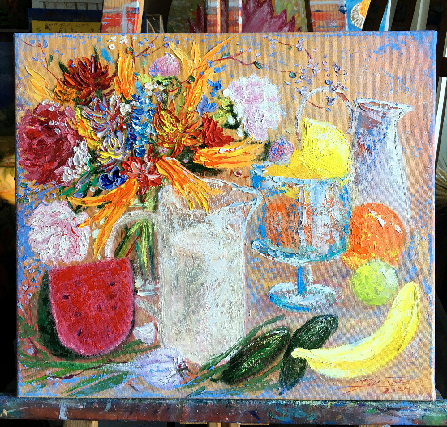 Still life with milk, peonies and fruits / 45.5x45.5cm / Oil, canvas