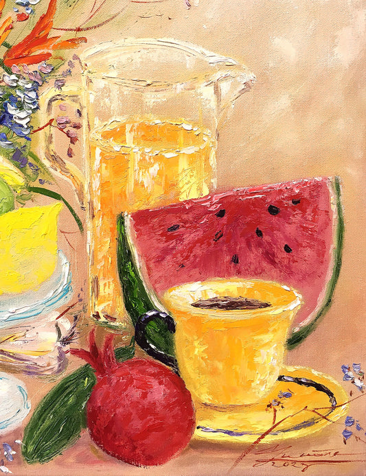 Still life with juice and yellow cup / 45.5x45.5cm / Oil, canvas