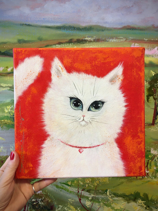 White cat  / 26x26cm /oil, canvas