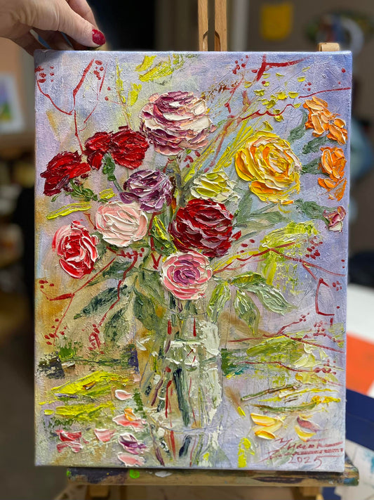Rozes un vasara. miniatūra / 21x21cm / eļļa, audekls