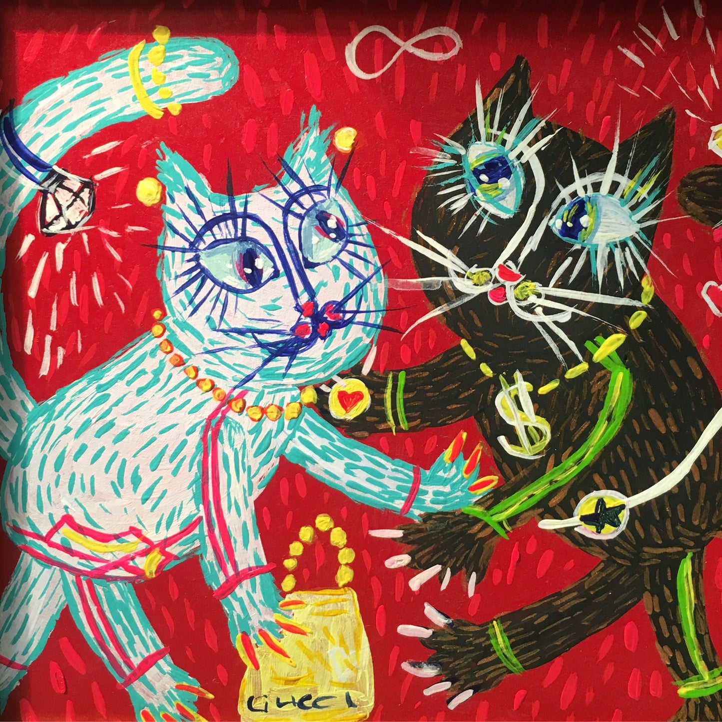 Cats and spring time / 11x11cm / acrylic, cardboard