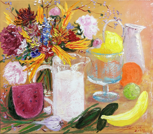 Still life with milk, peonies and fruits / 45.5x45.5cm / Oil, canvas