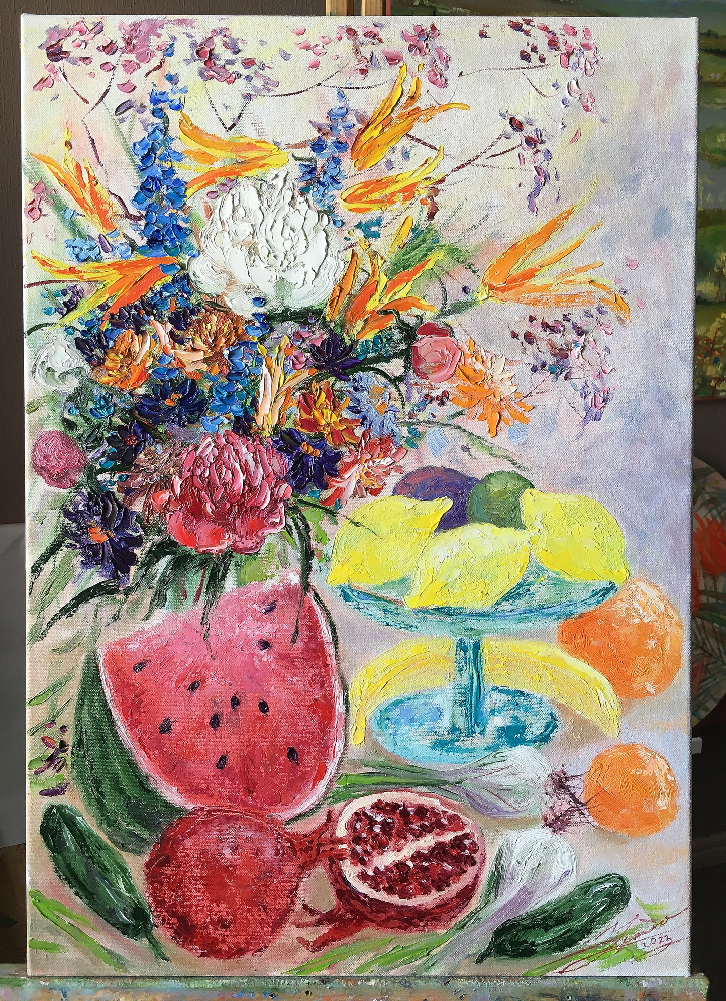 Still life with pomegranates, watermelon and flowers / 66x46cm / Oil, canvas