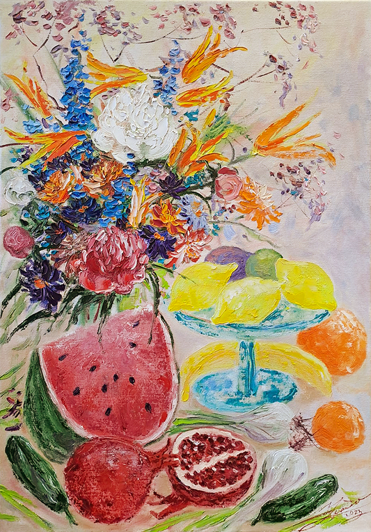 Still life with pomegranates, watermelon and flowers / 66x46cm / Oil, canvas