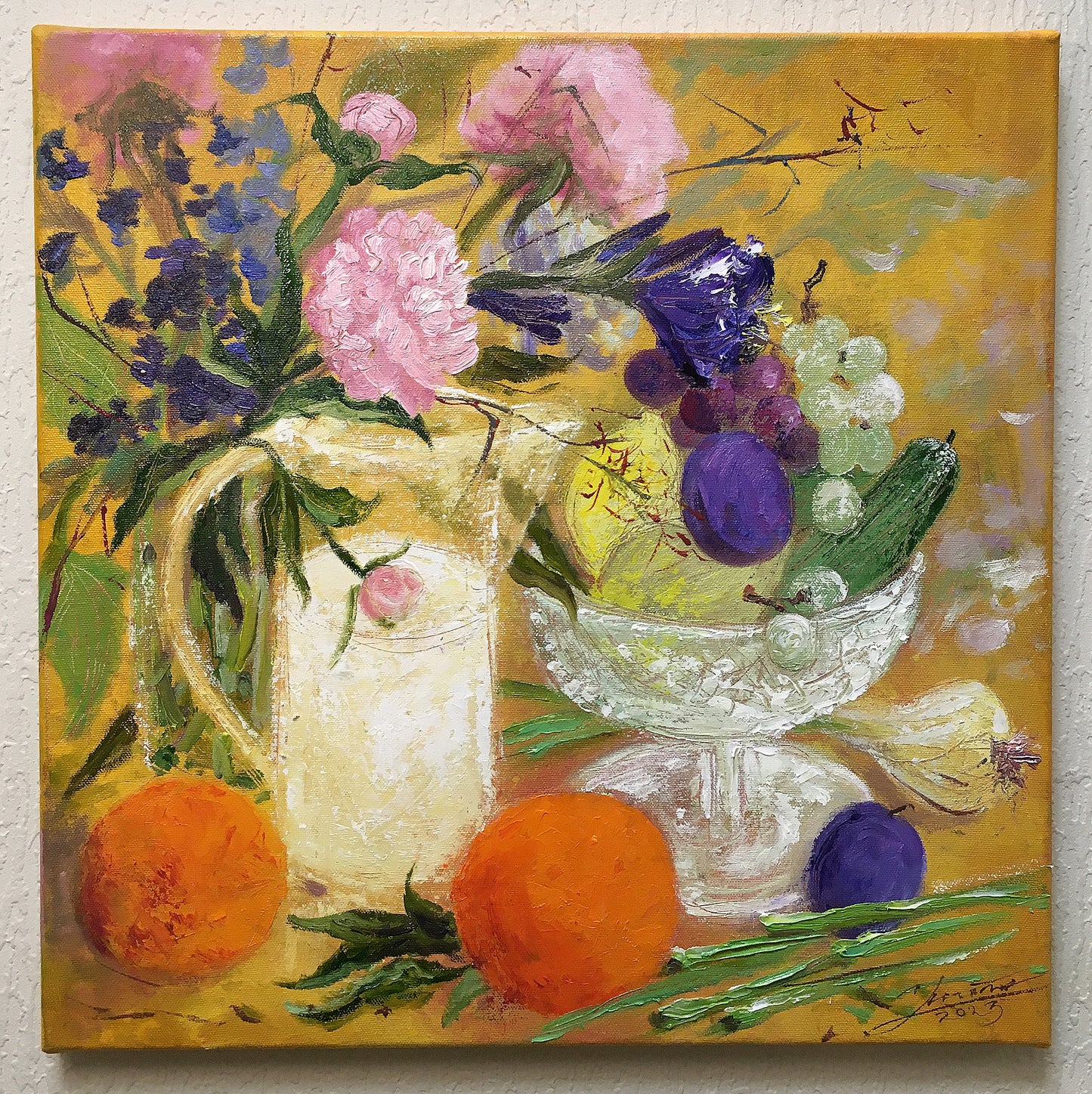 Still life with milk, peonies and plums / 45.5x45.5cm / Oil, canvas