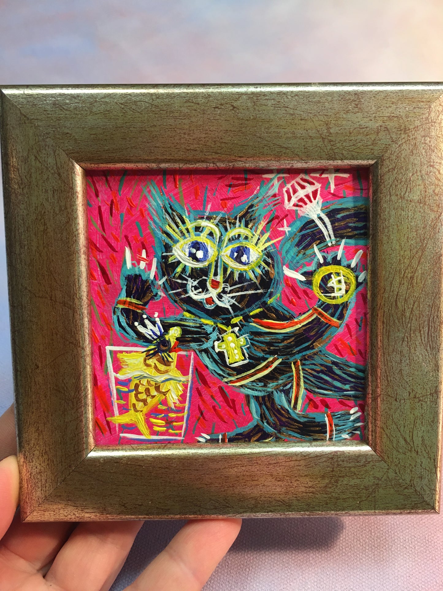 Cat and gold fish / 9x9cm / acrylic on cardboard