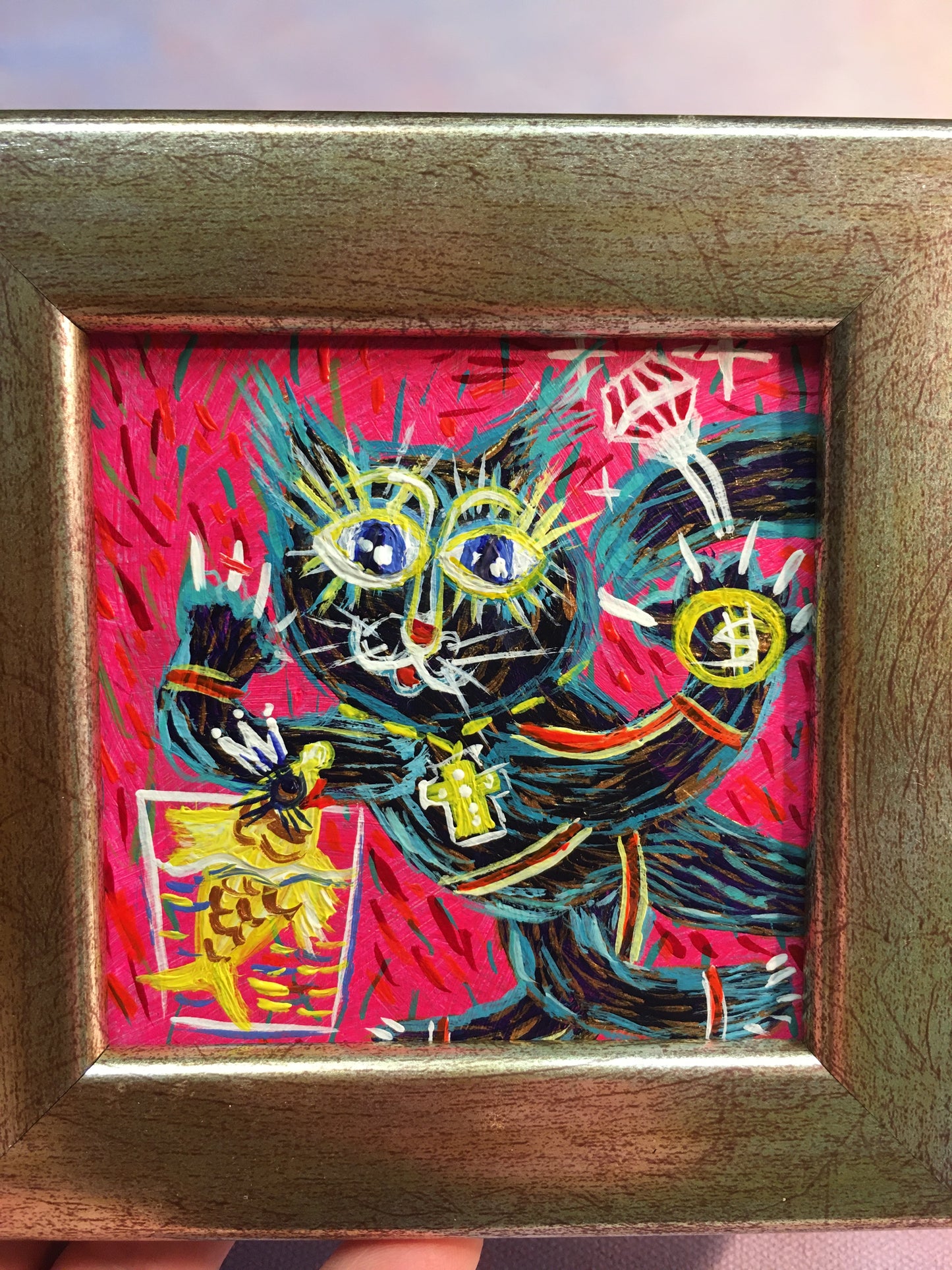 Cat and gold fish / 9x9cm / acrylic on cardboard