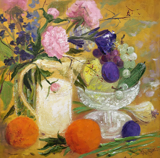 Still life with milk, peonies and plums / 45.5x45.5cm / Oil, canvas